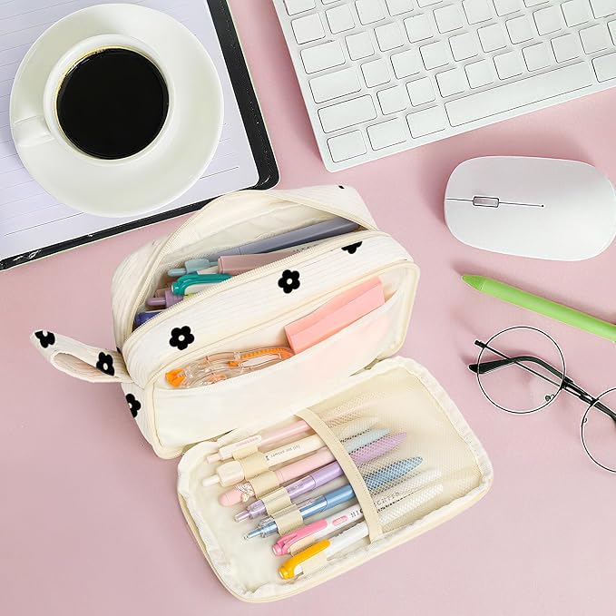 Large Pencil Pouch for Girls,Cute Corduroy Pencil Case Pouch Aesthetic Soft Pencil Bag for School, Zippered Pencil Organizer School Supplies for Girls Women Gift (black floral)