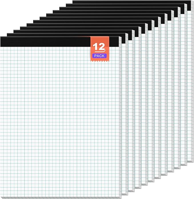 Graph Paper Pad 8.5 x 11 Grid Paper 4x4 Graphing Paper, 12 Pack Grid Paper Pad 30 Sheets per Notepad Graph Ruled Math Paper, Perforated Square Paper Pad 8.5'' x 11'' for Math/Design/Plan/Sketching