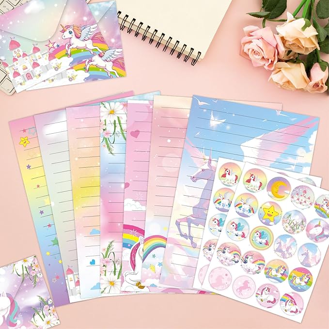 Letter Writing Set - 160 PCS Stationery Set with 50 Letter Papers, 50 Envelopes, 60 Sealing Stickers – Cute Rainbow Unicorn Design for Girls Invitations, Pen Pals, Party Notes, School Supplies