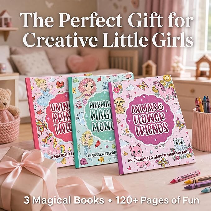 ZICOTO Fun Coloring Books for Kids Set of 3 – Cute Princess, Unicorn & Mermaid Coloring Book for Girls Ages 4–8 – Easy to Color Gift with Magical Themes for Your Creative Little Princess