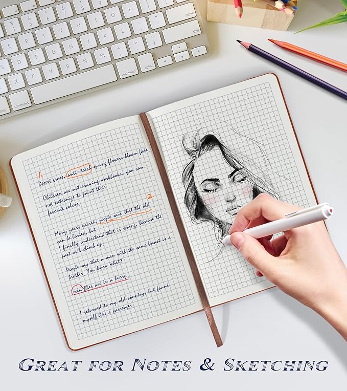 Biuwory Graph Paper Notebook Journal for Women Men,140 Pages Hardcover Grid Notebooks for Work & School,Leather Journals for Writing, Graphing Paper Notebook 5.7"×8.3" (Brown)