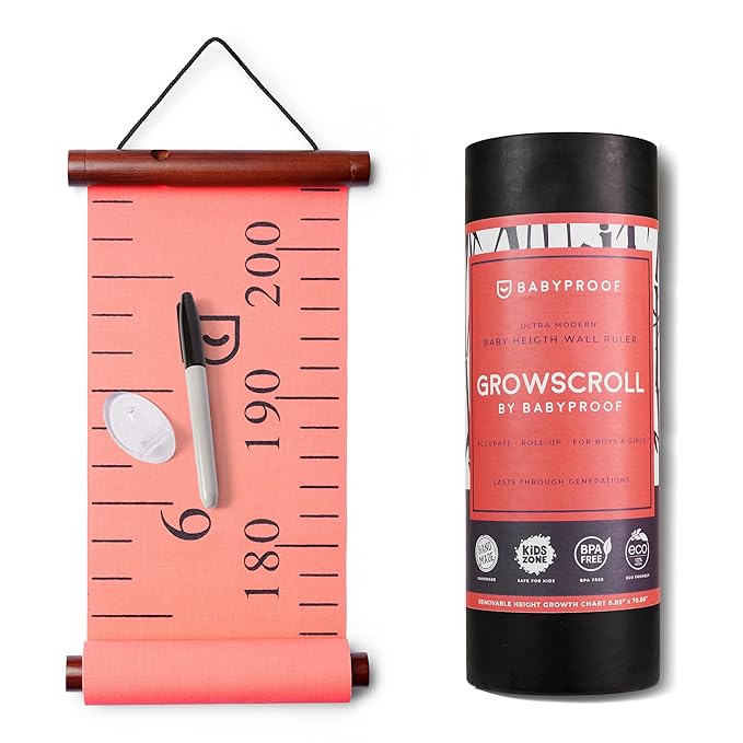 Growscroll Modern Kids Growth Chart for Wall - Unique Height Chart for Boys & Girls - Handcrafted Using Canvas & Hard Types of Wood - Makes A Great Collectible Or Family Heirloom - Coral