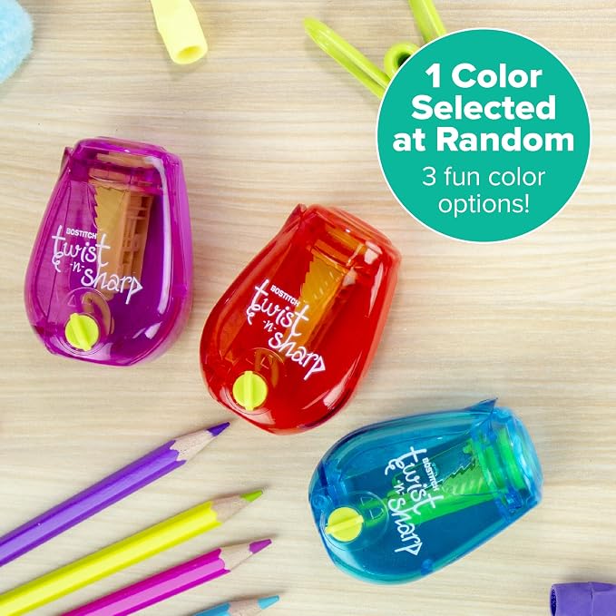Bostitch Office Pencil Sharpener, Manual, One Assorted Color, Twist-n-Sharp, Kids, Boys, Girls, Colored Pencils, 1 Pack | 1 Assorted Color, Adjustable for fine point or blunt tip. Easy to use, twist instead of crank. Works on any standard pencil.