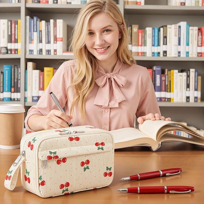 WOBAGMEN Cute Pencil Case,Large Corduroy Zippered Pencil Case Pouch, Aesthetic Pencil Bag with Compartments, Pencil Pouch School Supplies (Cherry Polka Dots)
