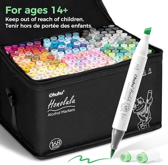Ohuhu Alcohol Markers Brush Tip - 168-color Art Marker Set Double Tipped Alcohol-based Markers for Artist Adults Coloring Illustration- Brush & Chisel - Honolulu - Refillable Ink