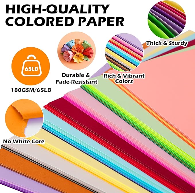 400 Sheets 8.5" X 11" Colored Cardstock, 80 Assorted Colors 180 GSM/65 LB Construction Paper Card Stock Printer Paper for Printing, Card Making, DIY Crafts, Kids School Supplies,Party Decorations