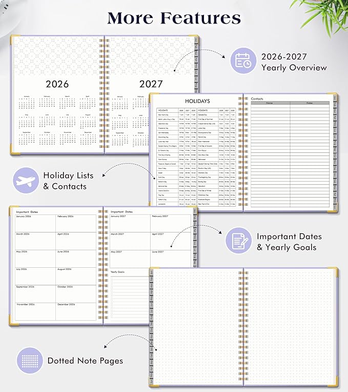 Planner 2026-2027, 18 Months Weekly and Monthly Hardcover Planner, January 2026 - June 2027, 8.5" x 11" A4 Large Daily Calendar Planner Book with Tabs, Spiral Yearly Agenda Organizer Notebook for School Work Home, Purple