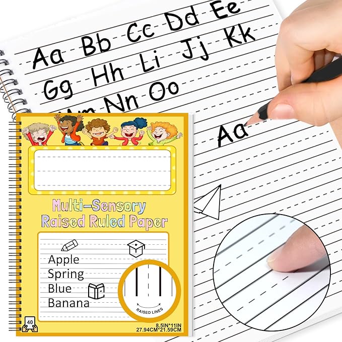 Raised Ruled Handwriting Paper Spiral Bound 8.5x11 Inch Raised Lined notebook Writing Practice Writing Paper Kindergarten Practice with ADHD 0.63In Sensory Line Dysgraphia Pad for Kids Students (1)