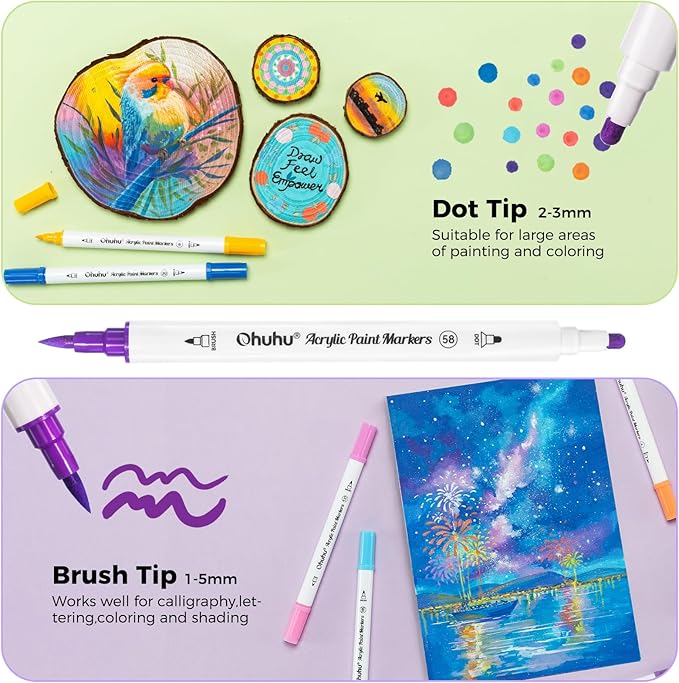 Ohuhu Acrylic Paint Markers Dual Tips: 36 Colors Brush & Dot Paint Pens High Opacity Acrylic Markers Water-Resistant Lightfast for Rock Painting 3D Prints Eggs Wood Glass Ceramic DIY Crafts - Akaka