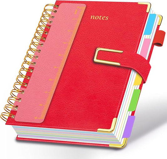 Hardcover Spiral Notebook College Ruled, 8"x10" Leather Journal Notebook with Magnetic Closure, 300 Pages 5 Subject Notebook with Dividers Tabs Journal for Women Men, Work, School(Red)