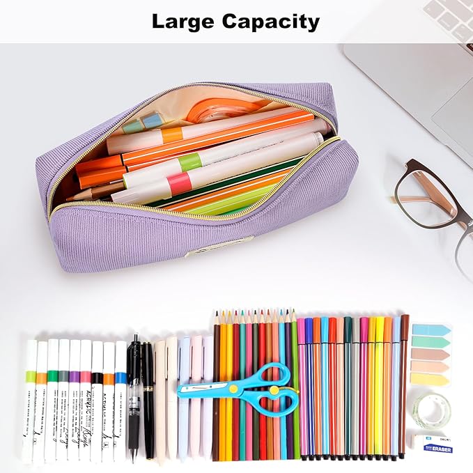 FINPAC Pencil Case, Corduroy Aesthetic Makeup Bag, Cute Kawaii Pen Bag Pouch Holder Box Organize for Study, Office, or Travel (Purple)