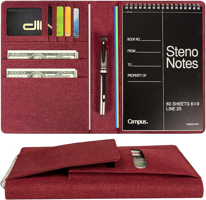 Journal Cover for Rocketbook Flip | 6"x9" Steno Pad Holder & Top Spiral Notebook Cover | Waterproof Folio with Pen Loop & File Pocket for A5, Executive Size Notebooks (Red)