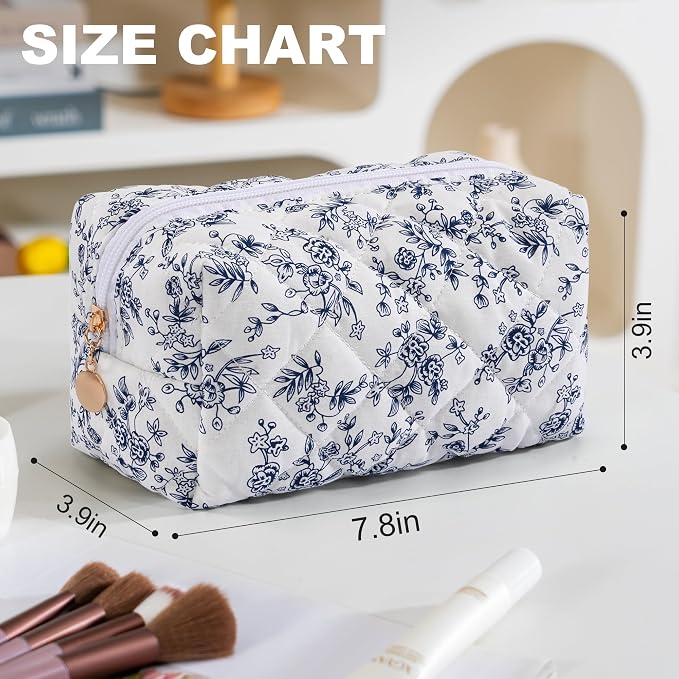 Makeup Bag Travel Toiletry Bag for Women, Small Cosmetic Bags Aesthetic Organizer Quilted Cotton Makeup Pouch&Purse Emergency Bag Floral Pencil Case Accessory Bag, Vintage Blue