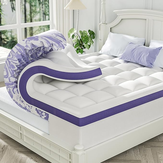 ChiXpace Dual Layer 4 Inch Memory Foam Mattress Topper Full | 2 Inch Gel Memory Foam and 2 Inch Pillow Top Mattress Pad Cover, 7-Zone Egg Crate & 2-in-1 Design (White)