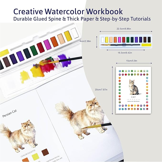CraftyManor Watercolor Workbook Creative Insect Water color Paint Book Set with Paints & Brush, 12 Patterns of Original DIY Designs, Beginner-Friendly Adult Coloring Books (Cat)
