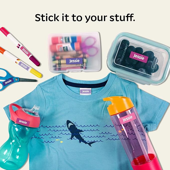 Kids Personalized Name Labels for School, Camp, Daycare (128 Labels) Custom Peel and Stick Waterproof Name Tags Stickers for Water Bottles, Lunch Boxes, Clothing, School Supplies (Berry Colors)