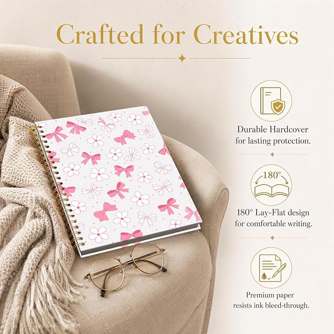 ATJFKIXL Cute Spiral Journal Notebook, A5 120 Page College Ruled Wirebound Notebook, Soft Cover for Students Office Notes and Planning - Pink Bow Daisy