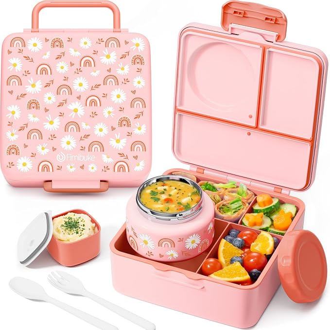 Fimibuke 60oz Leakproof Bento Lunch Box for Kids with 8.5oz Thermo Food Jar | 3-4 Compartment Toddler Lunch Box kids Food Container with Utensil Sauce Cup for School Boys Girls, Dishwasher Safe, BPA-Free