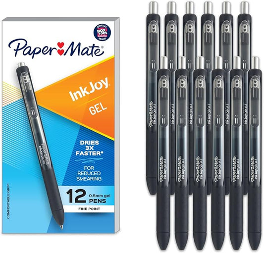 Paper Mate InkJoy Gel Pens, Retractable, Fine Point (0.5mm), Black Ink,Comfortable Grip, Writing, Teacher Supplies, 12 Count (Pack of 12)
