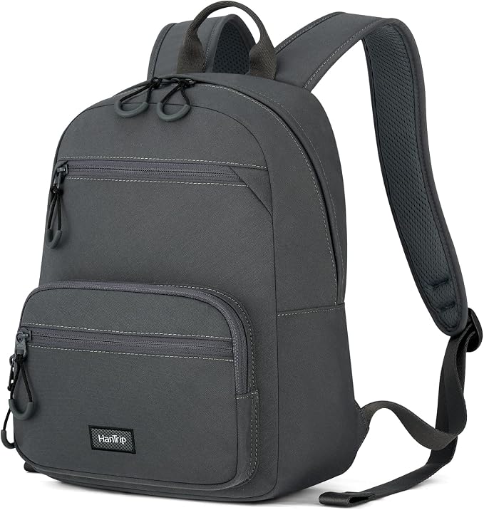 HanTrip 13 Inch Mini Small Travel Backpack Cary on For Women Men, Dark Gray | 13L Capacity, Lots of Pockets, Padded Shoulder Strap, Lightweight, Water Resistant, Bookbag for College, Commuter, Work