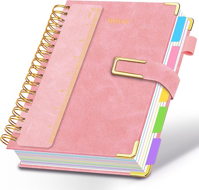 Hardcover Spiral Notebook College Ruled, 6.2"x 8.2" Leather Journal Notebook with Magnetic Closure, 300 Pages 5 Subject Notebook with Dividers Tabs Journal for Women Men, Work, School(Pink)