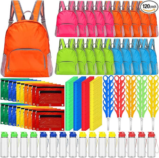 24 Sets Backpacks Bulk with School Supplies Include Sturdy Oxford Backpacks Water Bottles Pencil Pouches Scissors Rulers for Back to School Student Supplies Bulk Donation Gift Set(Classic)
