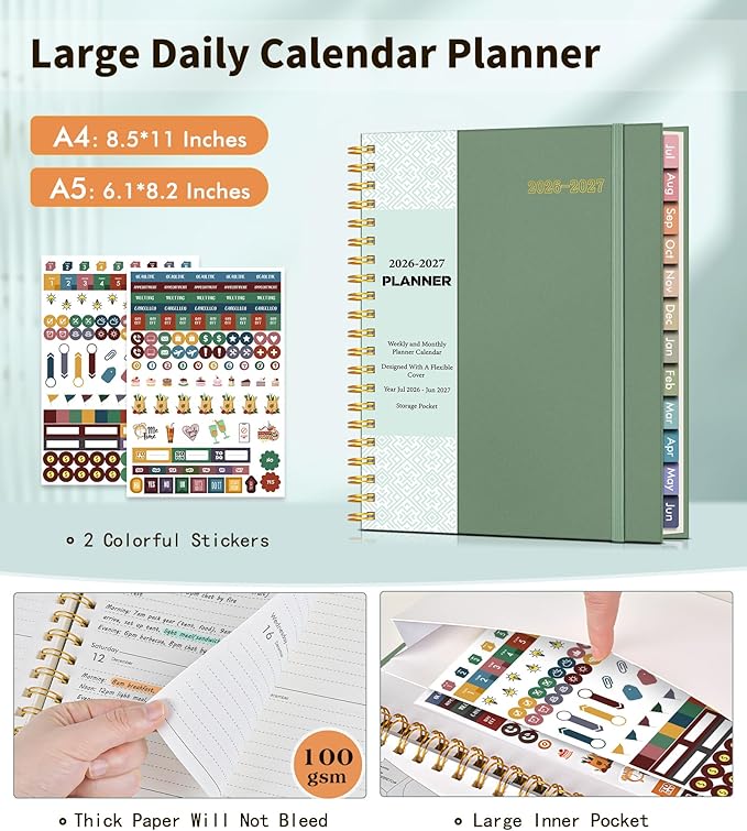Academic Planner 2026-2027, Weekly and Monthly Calendar Planner from July 2026 - June 2027, 8.5" x 11" A4 Large Daily Agenda Book with Tabs, Flexible Cover, College School Organizer for Student Teacher,Green