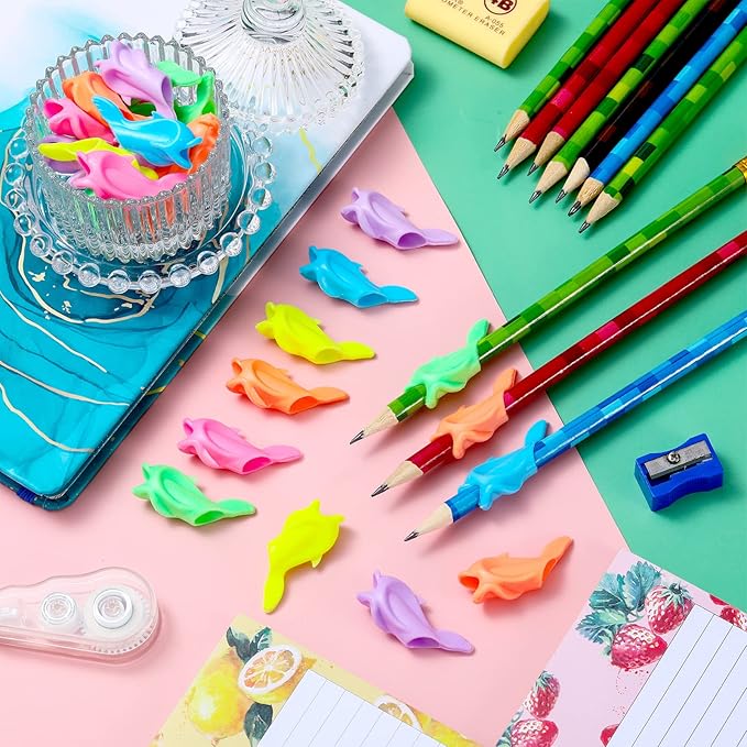 Nezyo 60 Pcs Pencil Grips for Kids Handwriting Grippers Silicone Ideal Pencil Holders Dolphin Writing Aid Grips Children Training for Kids Handwriting Toddlers Posture Correction Tools Writing Tools