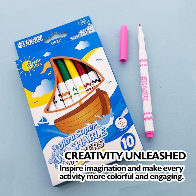 BAZIC Products Super Washable Markers Fine Line 10 Color, Thin Tip Coloring Marker, Non Toxic Marcadorc Art School Supplies, Gift (10/Pack), 144-Packs