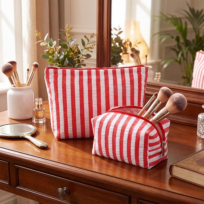 Huhumy 2 Pcs Makeup Bag Set for Women, Red, Wide Striped Seersucker | Cute Cosmetic Pouch Women Travel Toiletry Bag Preppy Small Makeup Purse Pouch Aesthetic Skincare Brushes Storage Organizer