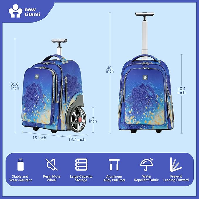 NEW TILAMI 20" Rolling Backpack for Teens Adults, Climbing Stairs Waterproof Backpack with Wheels for School Business Trave Camping with Laptop Compartment, Fit 17 Inch Laptop, Chill Blue Print