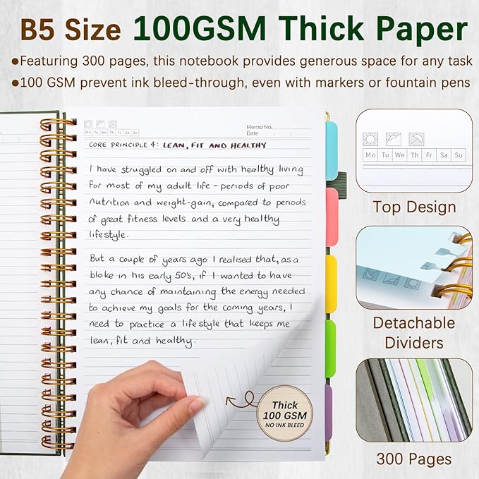 Hardcover Spiral Notebooks for Work 8''x 10'', 300 Pages 5 Subject Notebook with Dividers & Tabs, B5 Spiral Journal for Women, College Ruled Notebooks for School Note-Taking (Green)