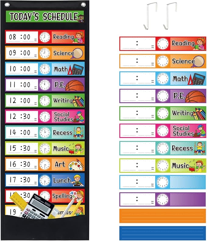 Daily Schedule Pocket Chart Kit,40 Bright Attractive Double-Sided Reusable Erasable Cards,1 Title Card,13+1 Scheduling Pocket Chart with 2 Hangers for Classroom Office Home Preschool Learning (Black)