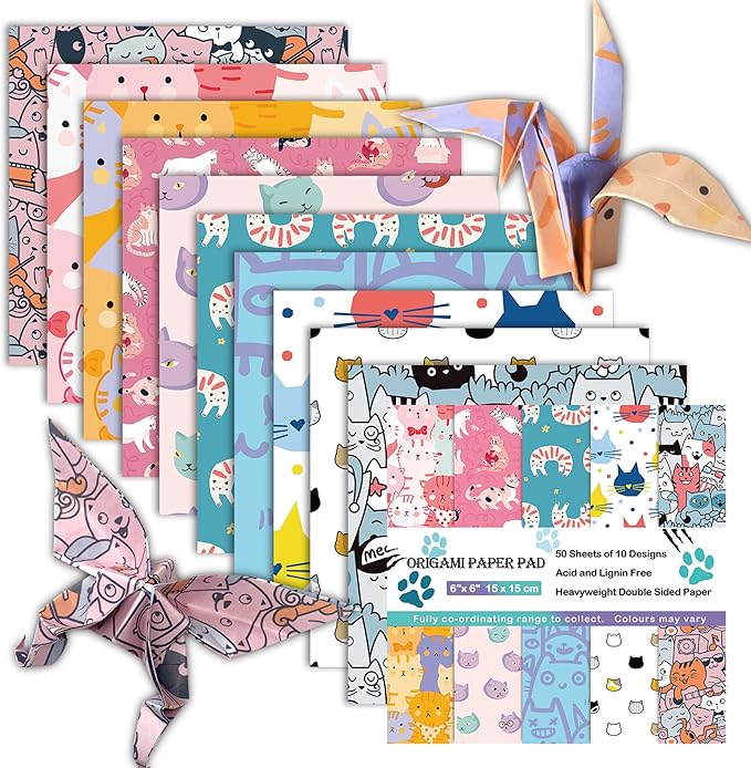 Origami Paper 6x6 Double Sided 50 Sheets 10 Colors origami kit Japanese Chiyo Square Craft Kits Easy Fold Arts Crafts DIY Handwork Cat Family