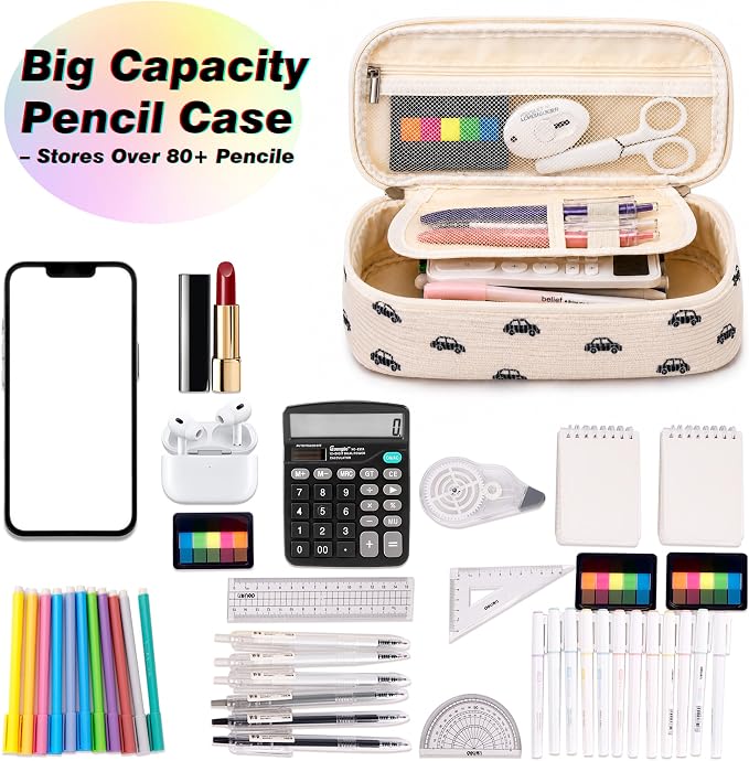 Big Capacity Pencil case,Soft Corduroy Pencil Bag,Cute Pen Case with Handle,5 Compartments, Wide Opening Pen Pouch Organizer for Teen Girls Women (Black Car)