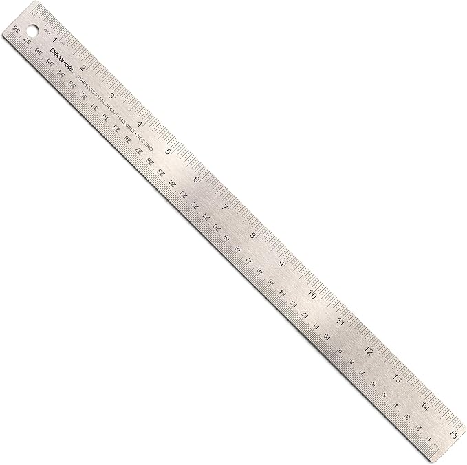 Officemate Classic Stainless Steel Metal Ruler, 15 inches with Metric Measurements, Silver, 15 L x 1.25 W (66612)