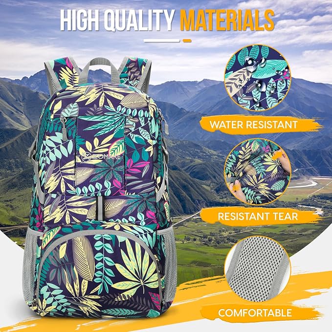 ZOMAKE Lightweight Packable Backpack 35L, Water Resistant Foldable Day Pack | Collapsible Hiking Backpacks, Compact Folding Daypack for Travel Camping, Everyday Carry, Multi-Pocket Layout(Leaf Print)