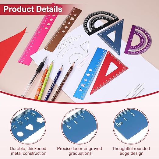 PATIKIL 8 Pcs Geometry Drafting Tool, Aluminum Alloy Geometry Kit Math Tool Includes 15cm L Ruler Protractor Triangles for Drafting Angle Measure Simple Science Experiment, Navy Blue