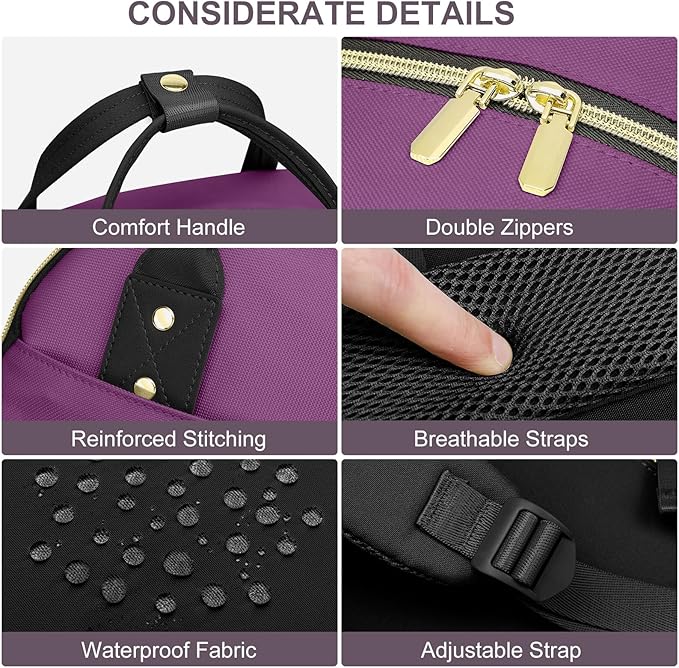 Women Laptop Backpack College Bookbag: 15.6 inch Backpacks with Pouch Pocket for Large Capacity Cup Travel Waterproof Book Bag Anti-theft Casual Work Bookbags for Teacher Nurse Black Purple