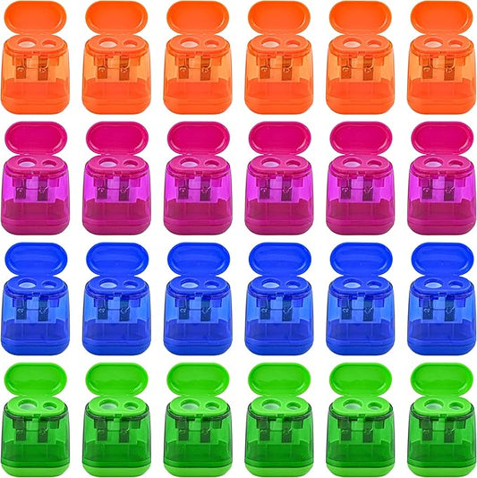 AUSTARK 24Pcs Pencil Sharpener Manual, Assorted Color Small Dual Hole Pencil Sharpeners Bulk with Lid for School Office Home (Geometry-24)