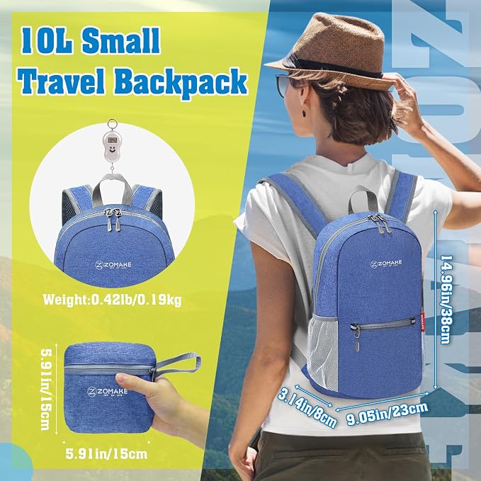 ZOMAKE Lightweight Packable Backpack, 10L Small Foldable Daypack for Hiking | Water Resistant Collapsible Backpacks for Women Men, Everyday Carry, Multi Compartment Storage,Adjustable Strap(Dark Blue A5)