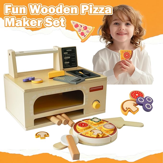 Wooden Pizza Toy Playset for Kids Ages 3–5, Montessori Pretend Play Food & Wooden Kitchen Playset with Easy Bake Oven, Slice & Serve Pizza Maker Toy, Educational Cooking Gift for Boys and Girls