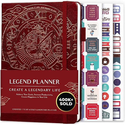 Legend Planner – Undated Weekly & Monthly Life Planner to Hit Your Goals & Live Happier, Organizer Notebook & Productivity Journal, A5 (Wine Red, Gold)