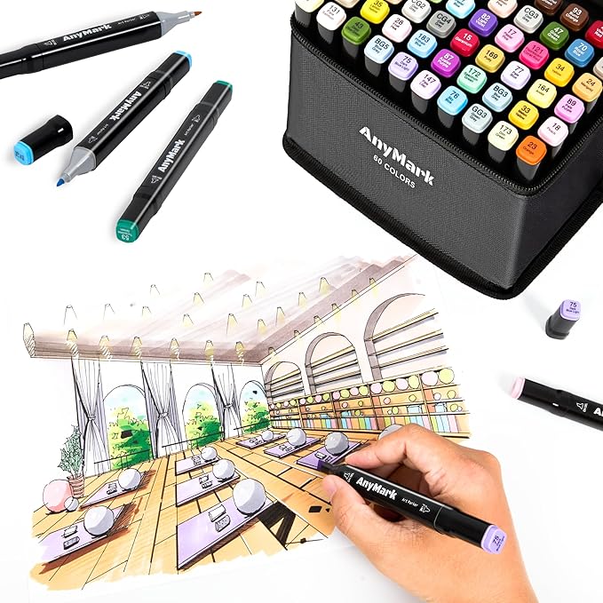 AnyMark Alcohol Markers, 100 Colors Dual Tip Art Coloring Markers Set for Adult Book Drawing Sketching Painting, Chisel & Fine, Black Penholder