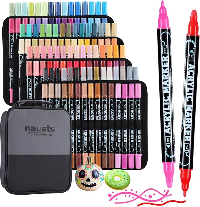 nauets 120 Colors Dual Tip Acrylic Paint Markers, Premium Dot & Fine Tip Acrylic Paint Pens for Rock, Wood, Fabric, Canvas, Glass, Scrapbook, Paper, Ceramic, Egg, and DIY Crafts Supplies Art Gifts
