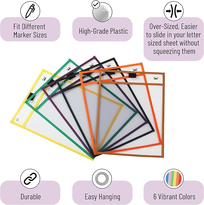 Mr. Pen- Reusable Dry Erase Pocket Sleeves, 10" x 14", 12 Pack, Assorted Colors, Clear Plastic Paper Sleeves, Ticket Holders, Clear Plastic Sheet Protectors, Teacher, School, Classroom Supplies