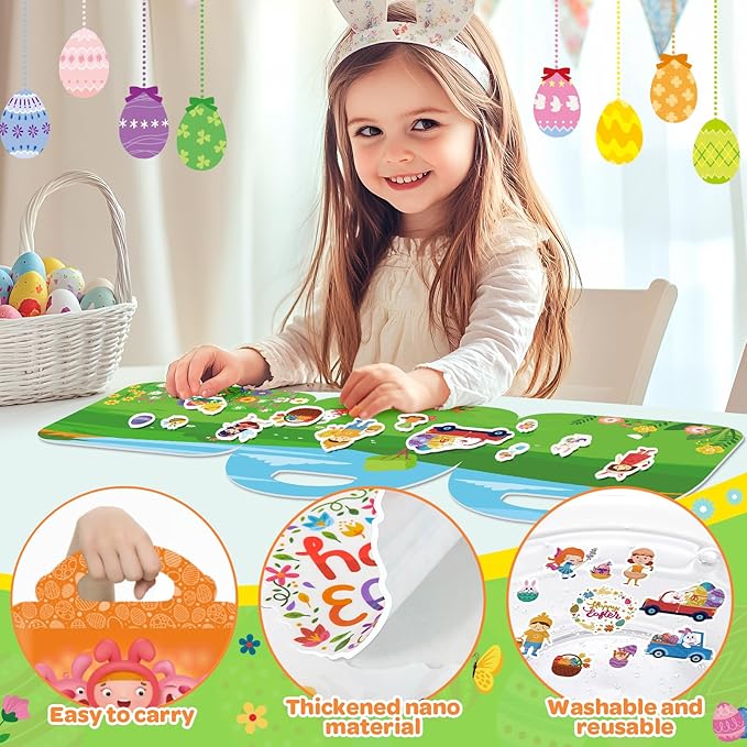 4 Sets Easter Reusable Sticker Books for Kids 2-4, Activities Books for Toddlers 1-3, Arts and Crafts Removable Jelly Stickers for Girls Boys, Travel Toys Holiday Gifts Easter Basket Stuffers