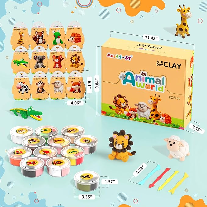 Aestd-ST Air Dry Clay Kit - Animal Theme, Modeling Clay for Kids, DIY Model Magic Clay with Sculpting Tools and Tutorials, 12 Boxes Molding Clay, Soft & Non-Sticky, Arts and Crafts Gift for Kids