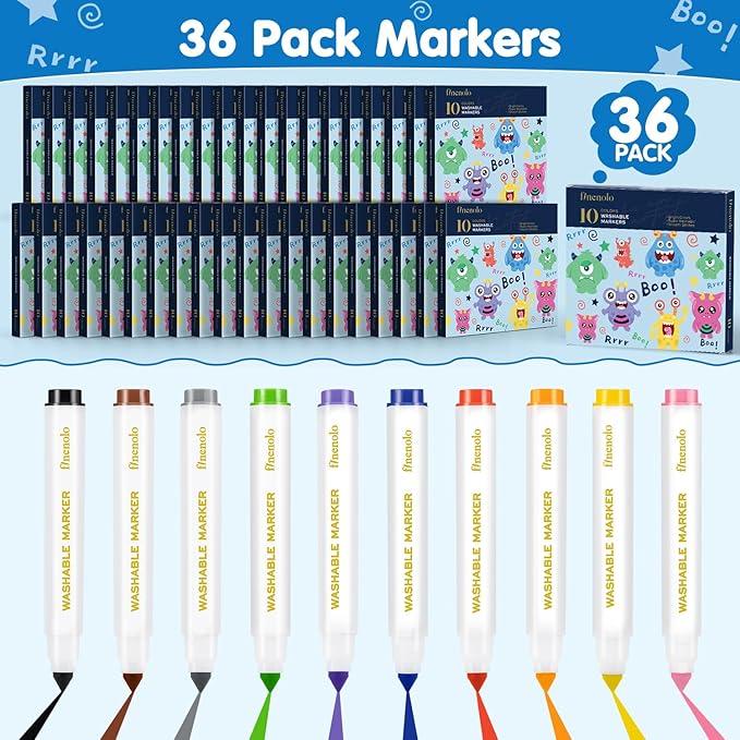 finenolo Washable Markers Bulk (360 Total), 36 Pack Coloring Markers for Teachers, Adults, Students, Classroom Supplies, 10 Colors