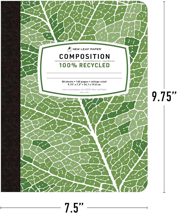 Composition Books, 4 Pack, Sustainability Designed, 9.75”x 7.5", 80 Sheets, 100% Recycled College Ruled Pages, Vegan, 2 Cover Designs, Made in USA